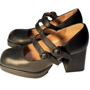 Platform Pumps Black Leather Mary Jane Shoes 3.9 Heels Italy Size 7 Bianca Di